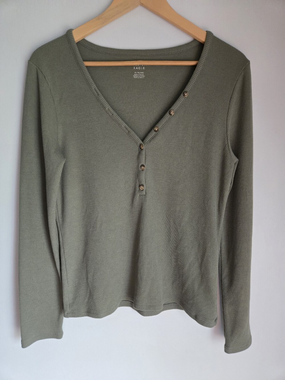 AEO Olive Green Ribbed Henley Long-Sleeve Top